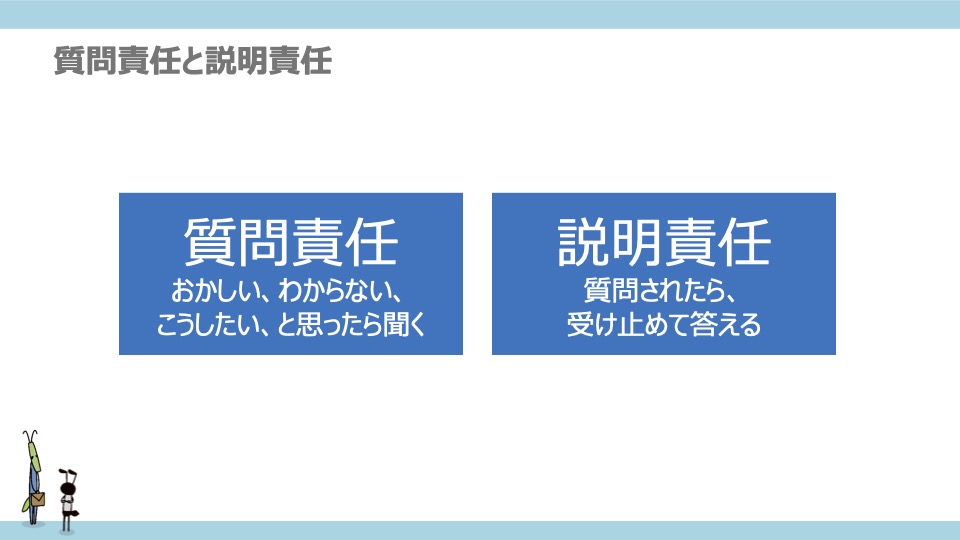 質問責任と説明責任 「質問責任:おかしい、わからない、こうしたい、とおもったら聞く」「説明責任:質問されたら、受け止めて答える」