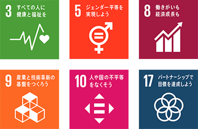 3 すべての人に健康と福祉を, 5 ジェンダー平等を実現しよう, 8 働きがいも 経済成長も, 9 産業と技術革新の基盤をつくろう, 10 人や国の不平等をなくそう, 17 パートナーシップで目標を達成しよう