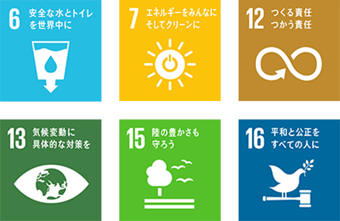 6 安全な水とトイレを世界中に, 7 エネルギーをみんなに そしてクリーンに, 12 つくる責任 つかう責任, 13 気候変動に具体的な対策を, 15 陸の豊かさも守ろう, 16 平和と公正をすべての人に