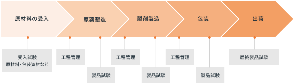 原材料の受入(原材料・包装資材などの受入試験)、原薬製造（工程管理、製品試験）、製剤製造（工程管理、製品試験）包装（工程管理、製品試験）、出荷（最終製品試験）